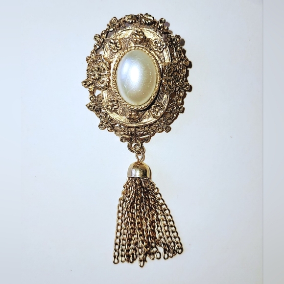 VICTORIAN REVIVAL PEARL & TASSEL PIN BROOCH - VINTAGE 1960s - Picture 5 of 5